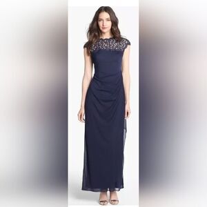 Alex Evenings Lace Ruffle Column Gown NWOT size 6 Navy Blue